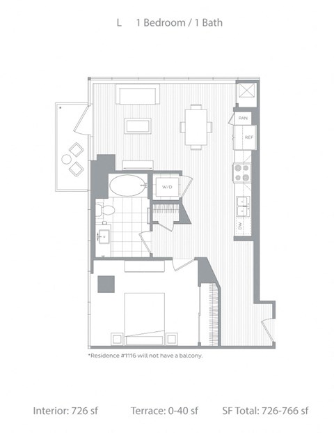 Floor plan for 1 bed, 1 bath, 758 sqft